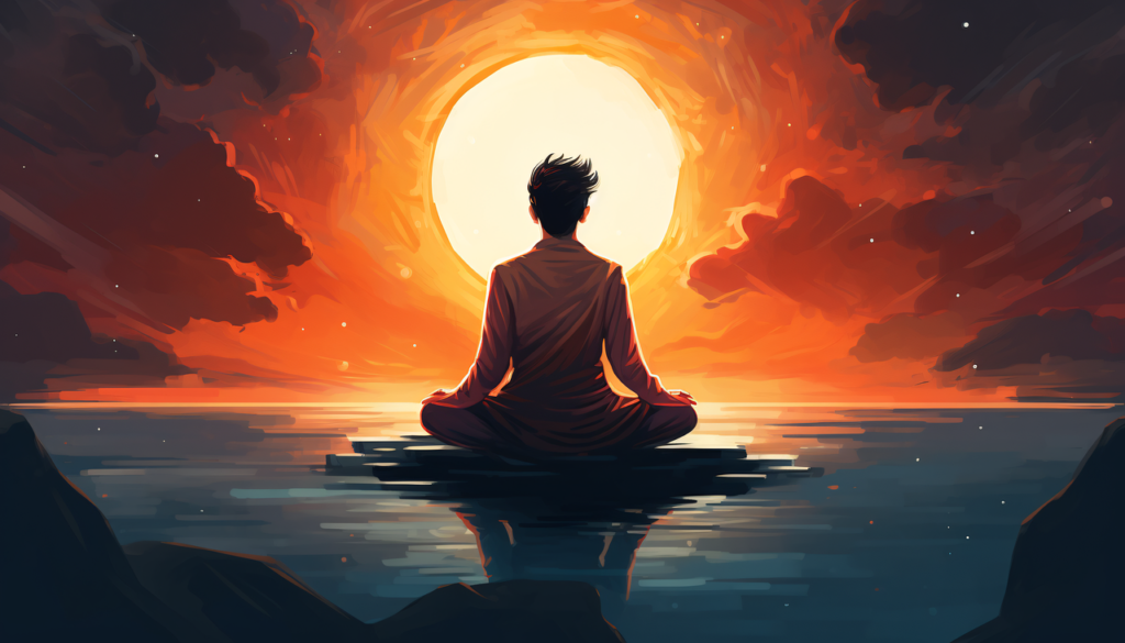 imagen de hombre meditando al atardecer frente al sol